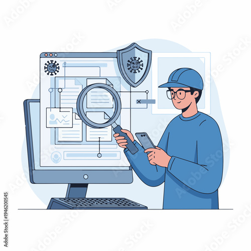 IT Specialist Scanning Computer for Viruses Illustration