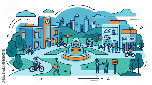 Vibrant City Park with Fountain and Diverse Activities.