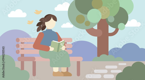 Woman reading a book on a park bench, enjoying a peaceful moment outdoors.