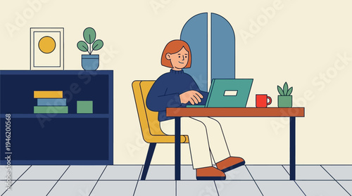Woman working on laptop at desk in home office.