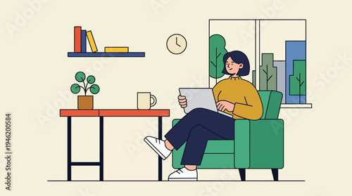 Young woman working on laptop in a comfortable armchair at home.