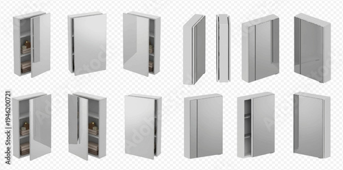 Collection of white bathroom medicine cabinets with mirror doors, open and closed, in various angles on a transparent background.