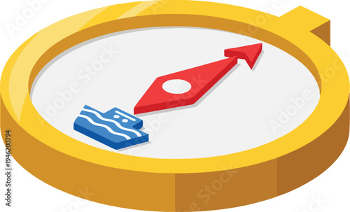 Gold 3D Compass with Red Needle Pointing to Port Icon Isometric Vector