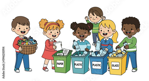 Diverse children happily engage in recycling, sorting cans, paper, plastic bottles, and glass jars into designated bins.