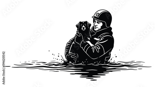 Rescuer in helmet carefully holding a small dog while standing deep in dark water during an emergency situation