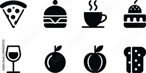 Set of black food icons including pizza burger coffee cake wine orange apple and toast bread slice