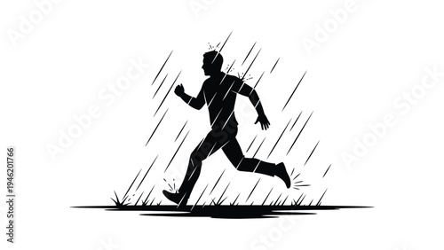 Silhouette of a determined man running vigorously through a heavy downpour facing harsh weather challenges outdoors
