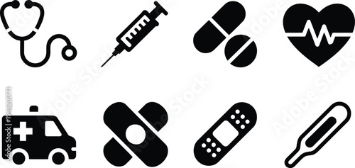 Set of medical and healthcare vector icons, including stethoscope, syringe, pills, heartbeat, ambulance, and bandages