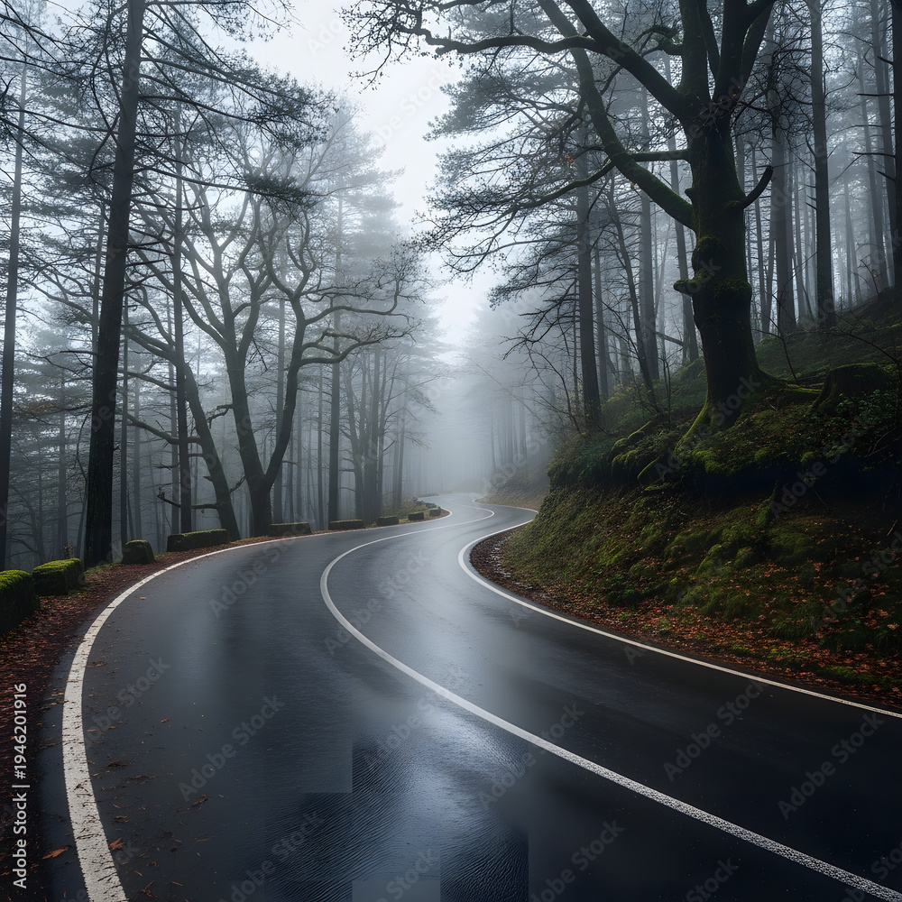 Fototapeta premium Misty Forest Road Winding Through Foggy Trees - Serene Nature Drive