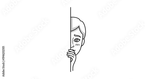 Shy Person Peeking Around Corner, Hesitant Expression, Hand Covering Mouth, White Background