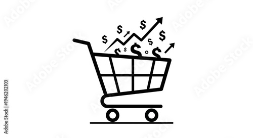 Shopping cart with rising graph, dollar signs, and arrows indicating financial growth and success