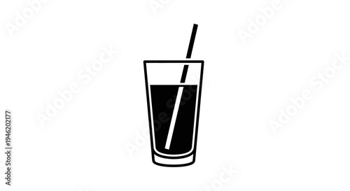 Simple Line Art Icon of a Tall Glass with a Straw and Dark Liquid