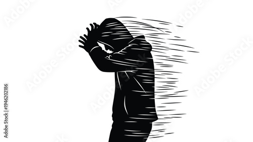 Silhouette of a distressed person in a hood dissolving into motion lines representing stress anxiety or disappearance