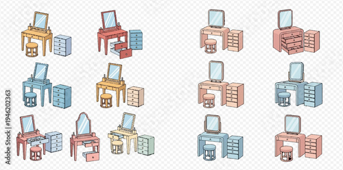 Set of pixel art dressing tables with mirrors, stools, and drawers in various colors and styles.