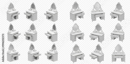 Set of white dressing tables with mirrors, vanity furniture for bedroom interior, isolated on transparent background.