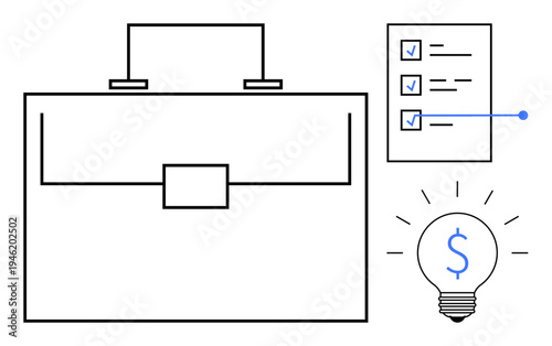 Business planning, financial ideas, productivity goals, strategy management, innovation, organizational tools. A briefcase, checklist and lightbulb with dollar symbol. Business planning