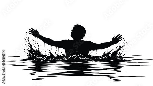 Silhouette of a person emerging from dark water with arms outstretched creating a significant splash and droplets against a white background