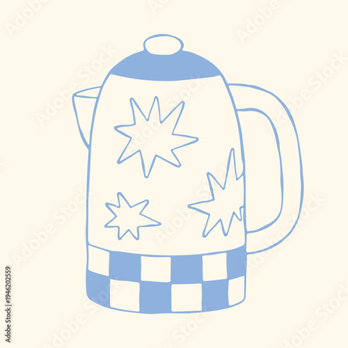 Whimsical hand drawn vector teapot featuring star patterns and a checkered base. Artistic blue kitchenware illustration for tea lovers, posters, and modern interior decor. Unique doodle style