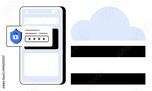 Smartphone screen with password entry field supported by shield icon alongside a stylized cloud. Ideal for cybersecurity, app development, data protection, cloud storage, online security, privacy
