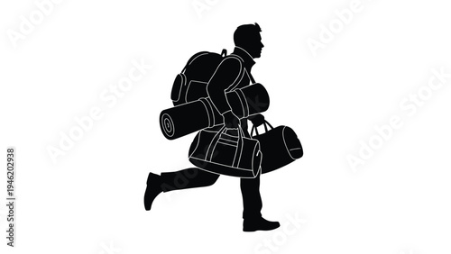 Silhouette of a busy traveler running quickly while burdened with a large backpack a rolled mat and two heavy duffel bags