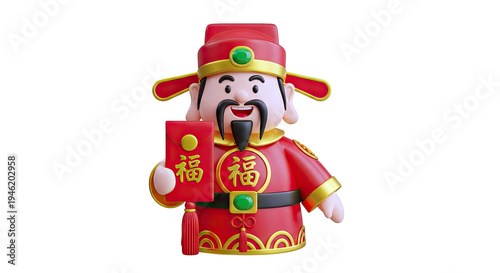 3D Cartoon God of Wealth holding a red envelope