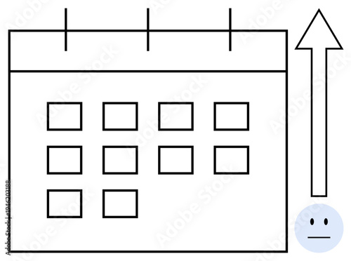 Project deadlines, time management, productivity improvement, career growth, planning challenges, business performance. Calendar, arrow pointing up sad face symbol. Time management and productivity