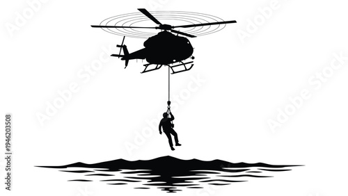 Silhouette graphic depicting a daring maritime rescue operation involving a hovering helicopter extracting a person suspended over dark water.