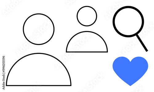 Outlined figures, a magnifying glass, and a blue heart convey themes of teamwork, searching, and care. Ideal for recruitment, relationships, inspiration, connection empathy networking simple flat