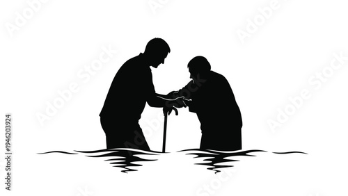 Silhouette graphic illustrates a strong young caregiver gently assisting an elderly person leaning heavily upon a walking cane for support.