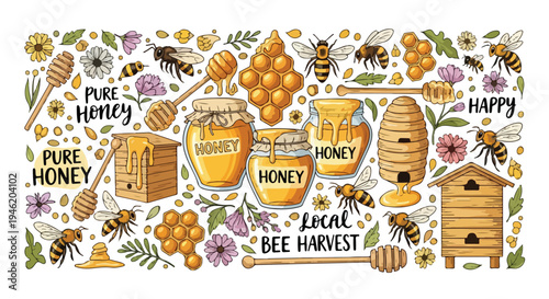 Illustration of various honey products and beekeeping related items with bees and flowers on a white background with a cheerful mood.