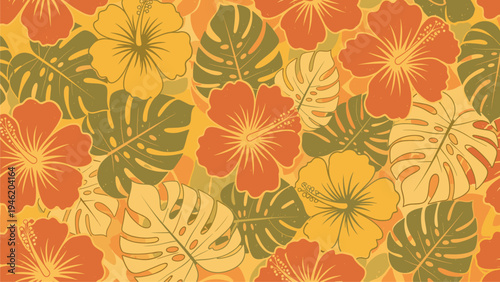 Tropical Hawaiian Hibiscus Flower Leaf Pattern Background - Summer Vacation Design