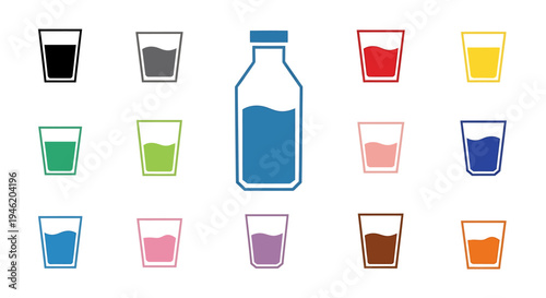 A central blue bottle surrounded by some glasses, each containing liquid of a distinct color, illustrating variety and beverage options.