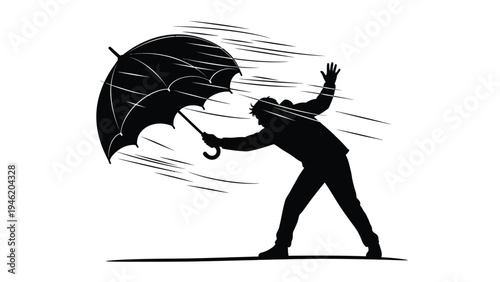Silhouette of a determined man struggling to hold onto his umbrella against a powerful, invisible force of strong wind