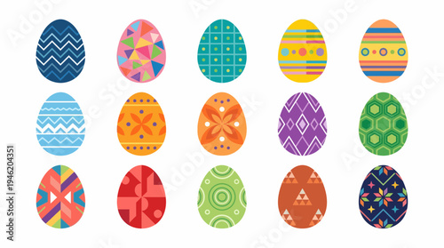 A vibrant collection of fifteen intricately decorated Easter eggs, each featuring unique geometric patterns and colorful designs, arranged in three rows on a white background.