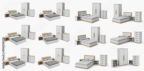 Set of modern bedroom furniture including bed, wardrobe, and nightstands on a white background.