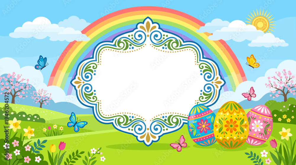 Fototapeta premium Festive Easter frame with colorful eggs, spring flowers, rainbow and blue sky for holiday invitation card and celebration concept