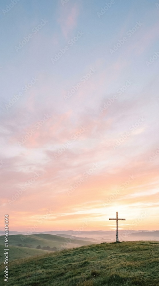 Obraz premium Serene wooden cross standing prominently on a grassy hill during a beautiful pastel sunrise for Christian faith concept and spiritual hope