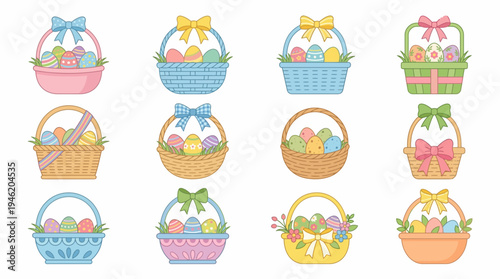 A collection of twelve charming Easter baskets filled with colorful eggs and decorated with ribbons and bows.