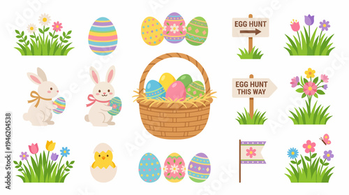 A vibrant collection of Easter-themed illustrations featuring decorated eggs, cute bunnies, a basket of eggs, blooming flowers, and directional signs for an egg hunt.
