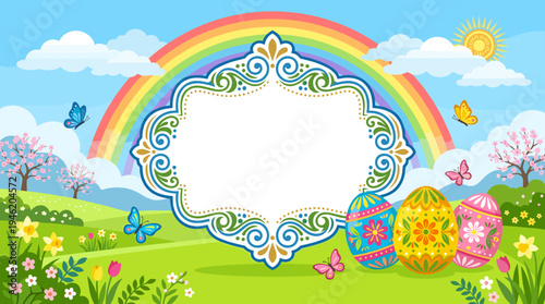 Festive Easter frame with colorful eggs, spring flowers, rainbow and blue sky for holiday invitation card and celebration concept