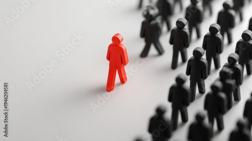 3D vector illustration of one red person walking in line among black people, on a white background