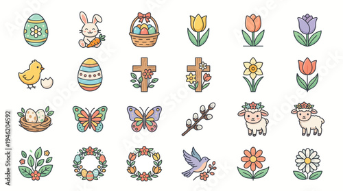 A vibrant collection of Easter-themed icons, featuring eggs, bunnies, chicks, flowers, and religious symbols.