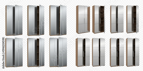 Set of modern wooden wardrobes with open and closed doors, isolated on a transparent background for interior design projects.