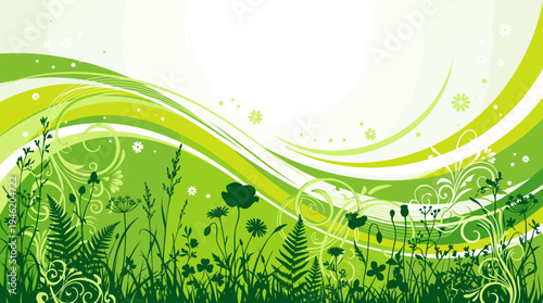 Abstract green meadow background with flowing waves, grass and floral silhouettes for spring freshness and ecological design concept