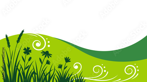 Stylized green meadow landscape with grass and plants under a rolling hill horizon line for spring season and banner design concept