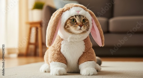 Domestic feline wears a soft, plush costume resembling long-eared lagomorph