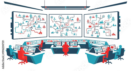 A modern control room with multiple large screens displaying complex network diagrams and several operators working at their consoles.