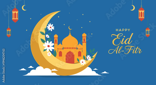 Happy Eid Mubarak Al Fitr FLat Minimalist Design Illustration