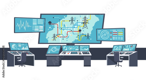 Modern control room with multiple screens displaying a power grid map and data visualizations, representing energy management and system monitoring.