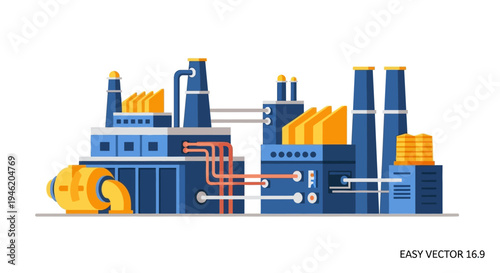 Modern industrial factory complex with multiple buildings, smokestacks, and interconnected piping systems, rendered in a flat vector illustration style.